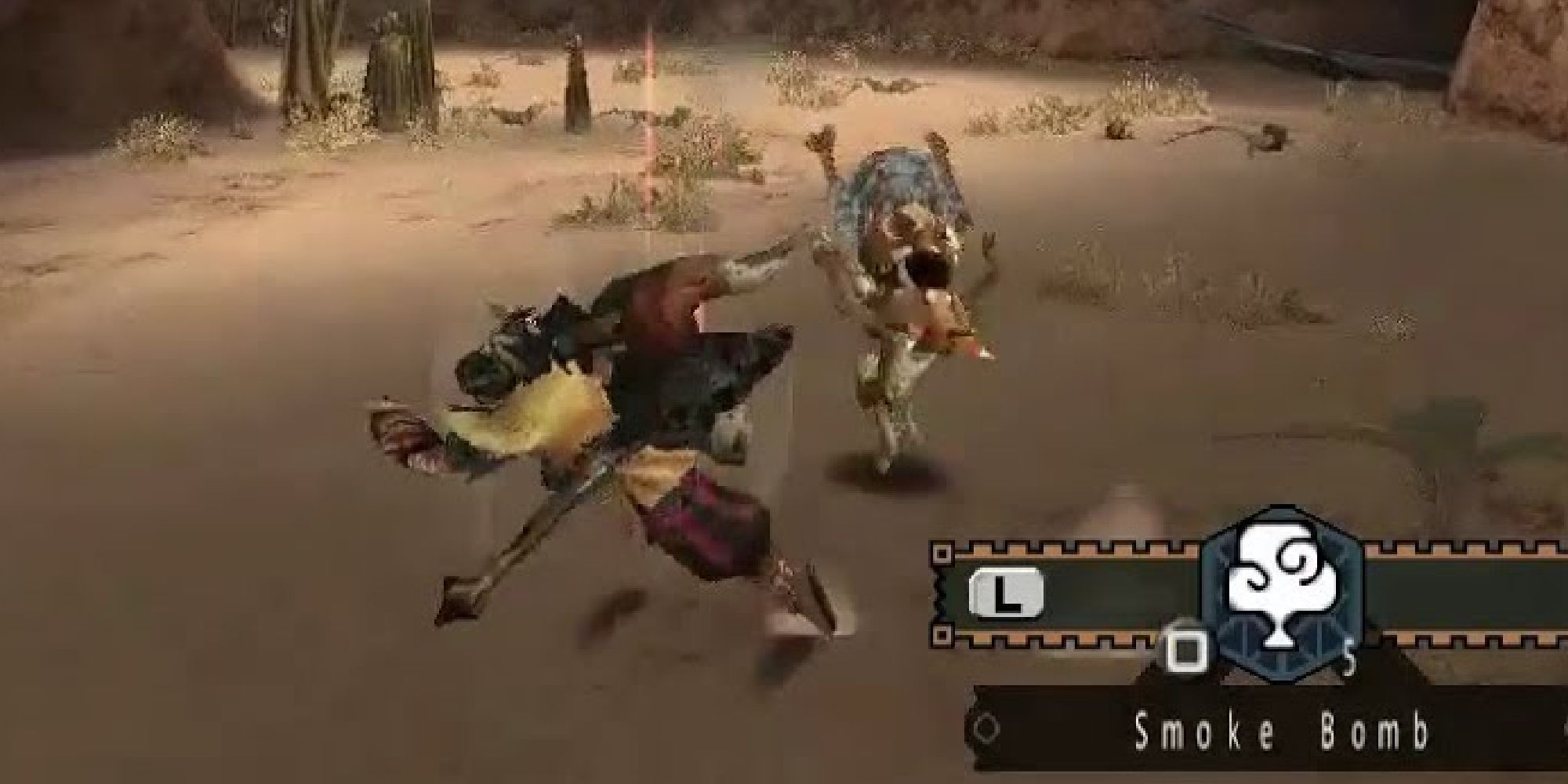 A Hunter fighting a King Shakalaka in a desert in Monster Hunter Freedom Unite