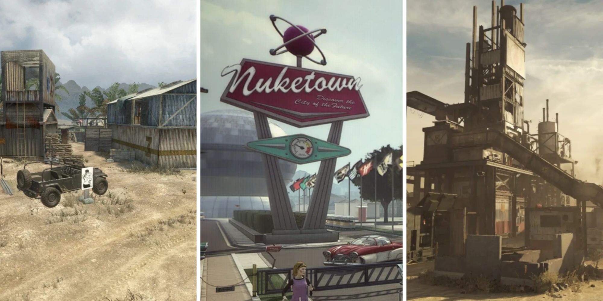 From left to right, the Firing Range loading screen, the Nuketown loading screen, and the Rust loading screen from Call of Duty