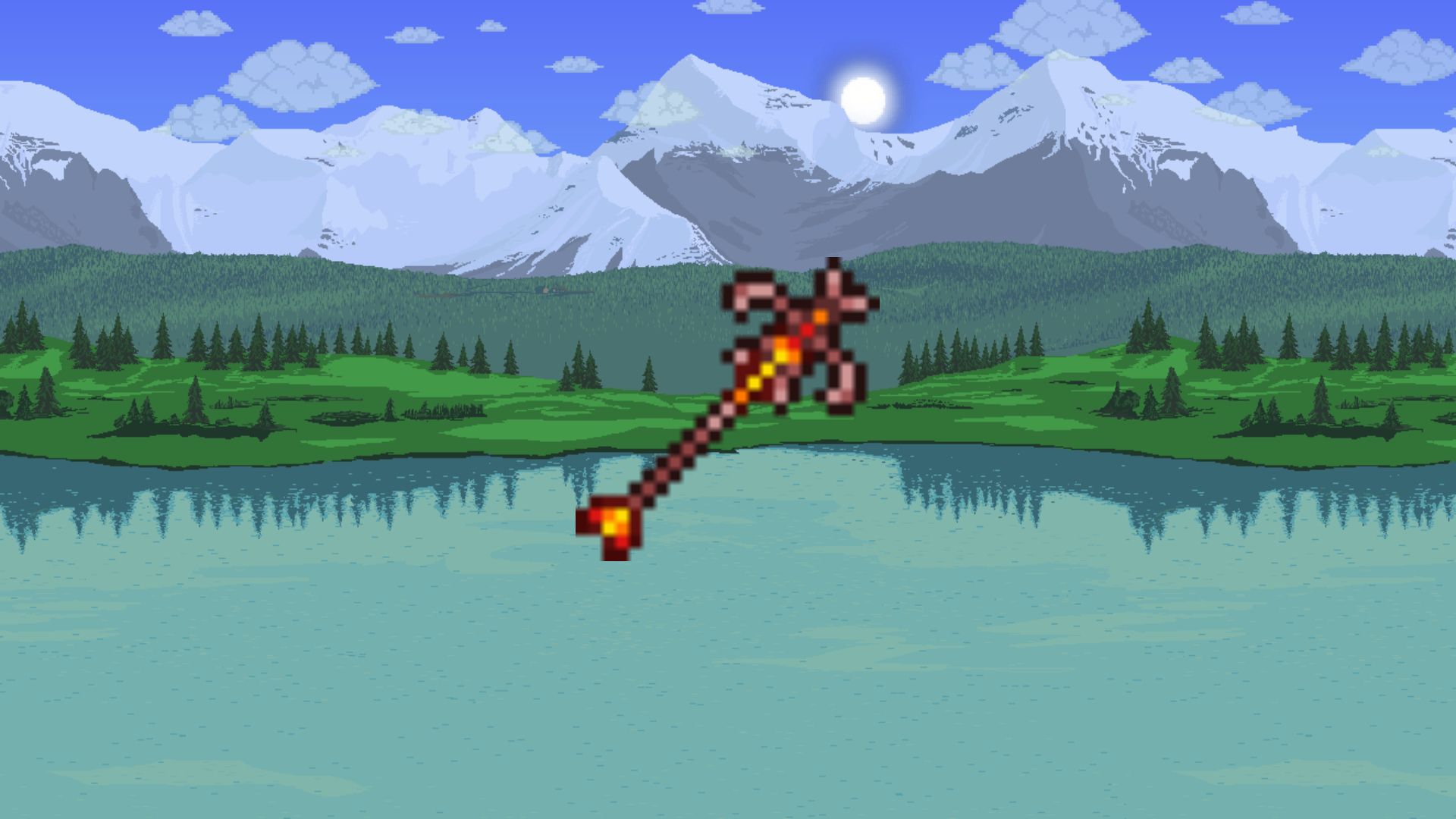 Terraria Imp Staff against a pixelated Terraria background