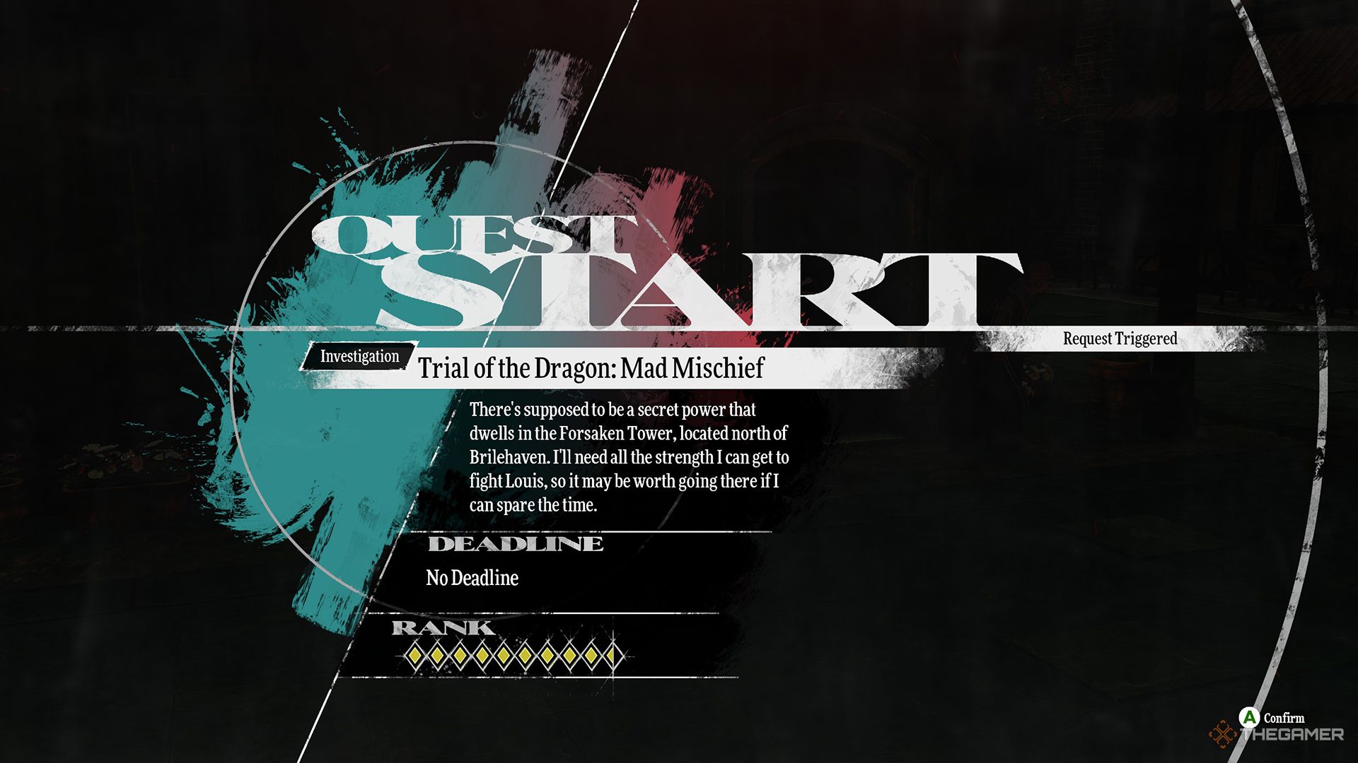 The Trial of the Dragon: Mad Mischief quest starting, showing a brief description and difficulty level.