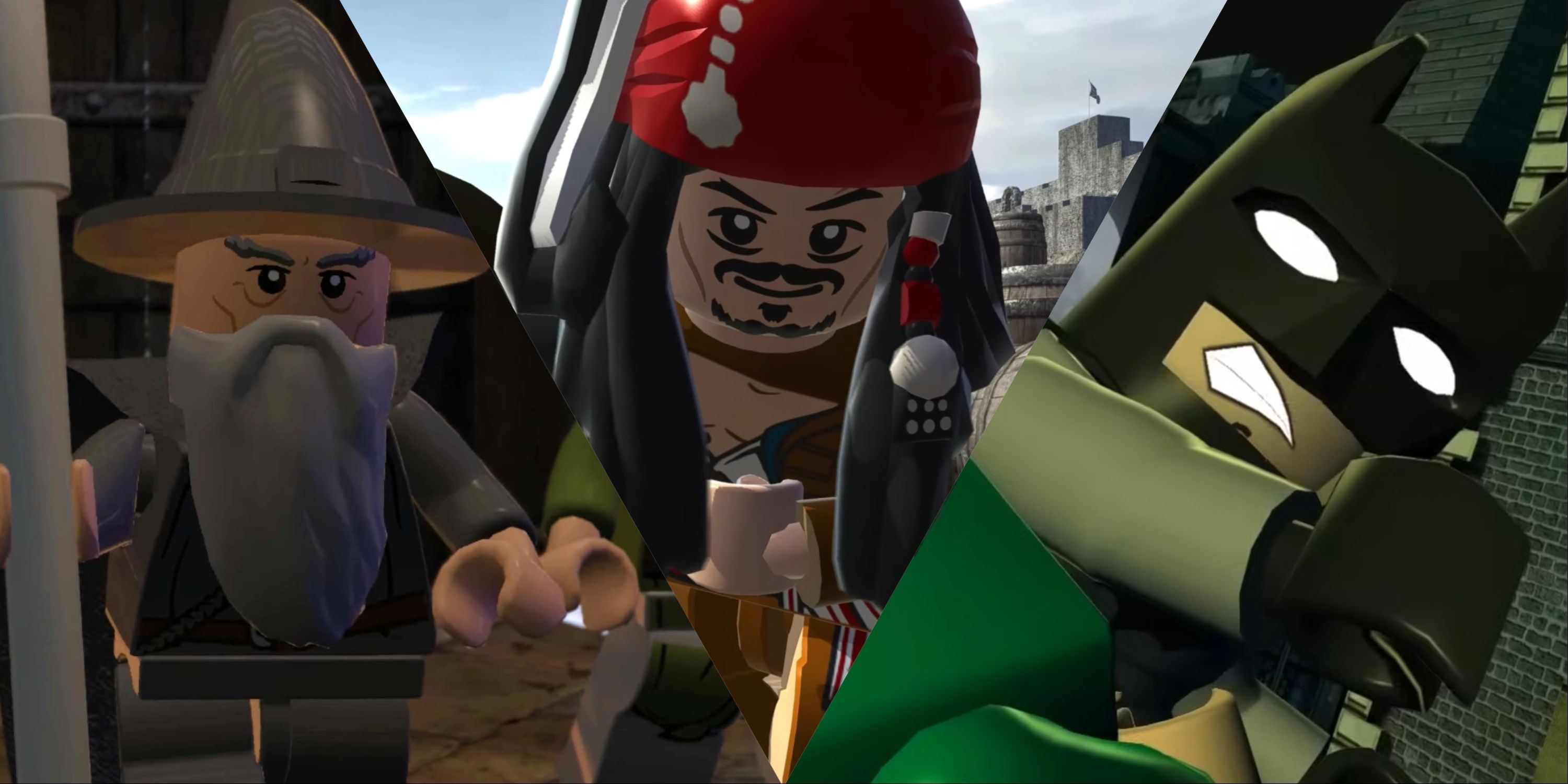 Split image of LEGO Gandalf, LEGO Jack Sparrow, and LEGO Batman