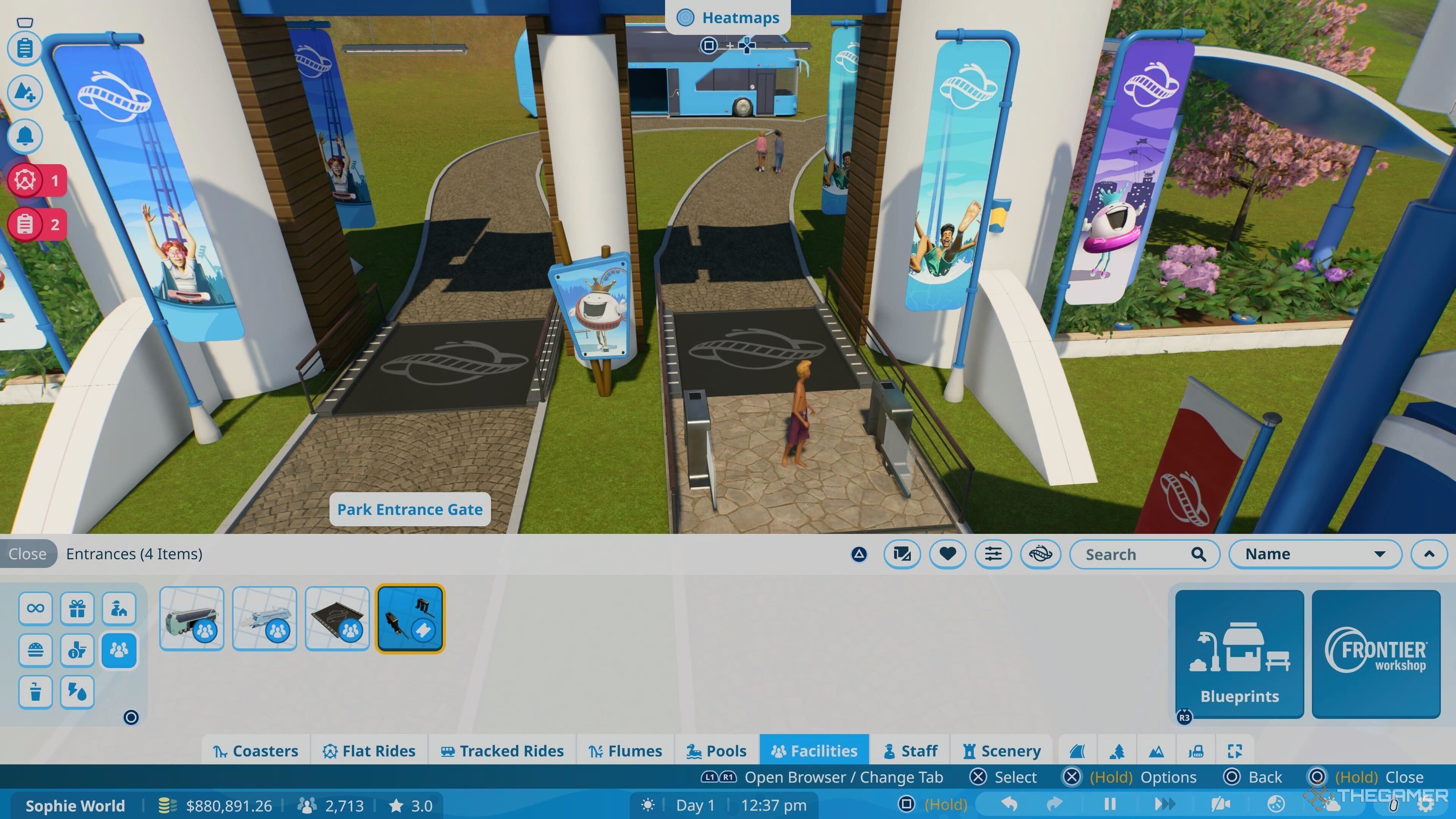 A park entrance gate with one guest in Planet Coaster 2.