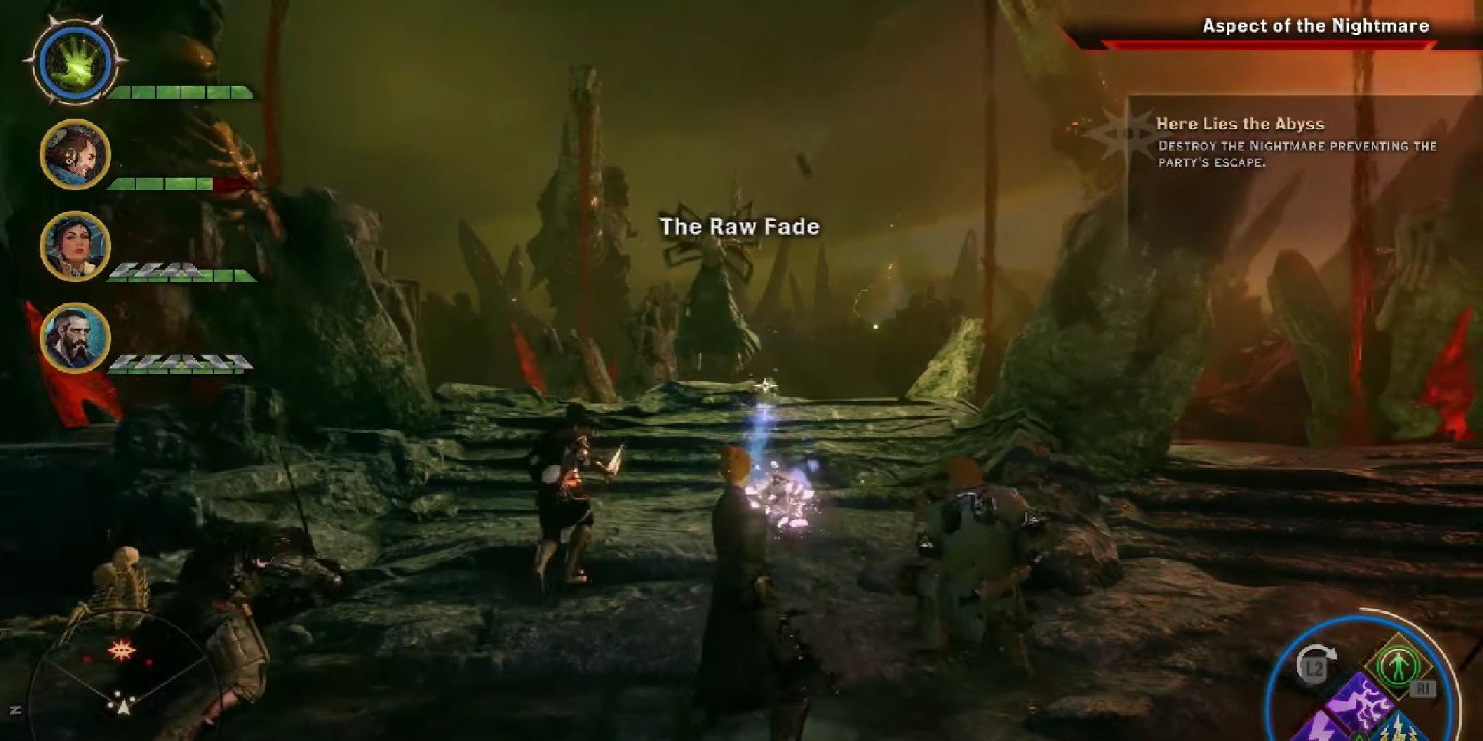 Dragon age inquisition image showing the player fighting a nightmare with the full hud on