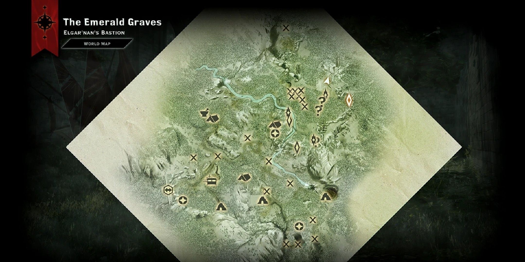 Dragon age inquisition image showing a fully unlocked map of the emerald graves.