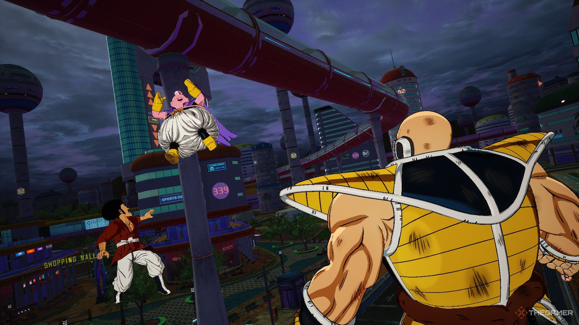 Dragon Ball Sparking Zero image showing Mr Satan and Majin Buu versus Nappa.