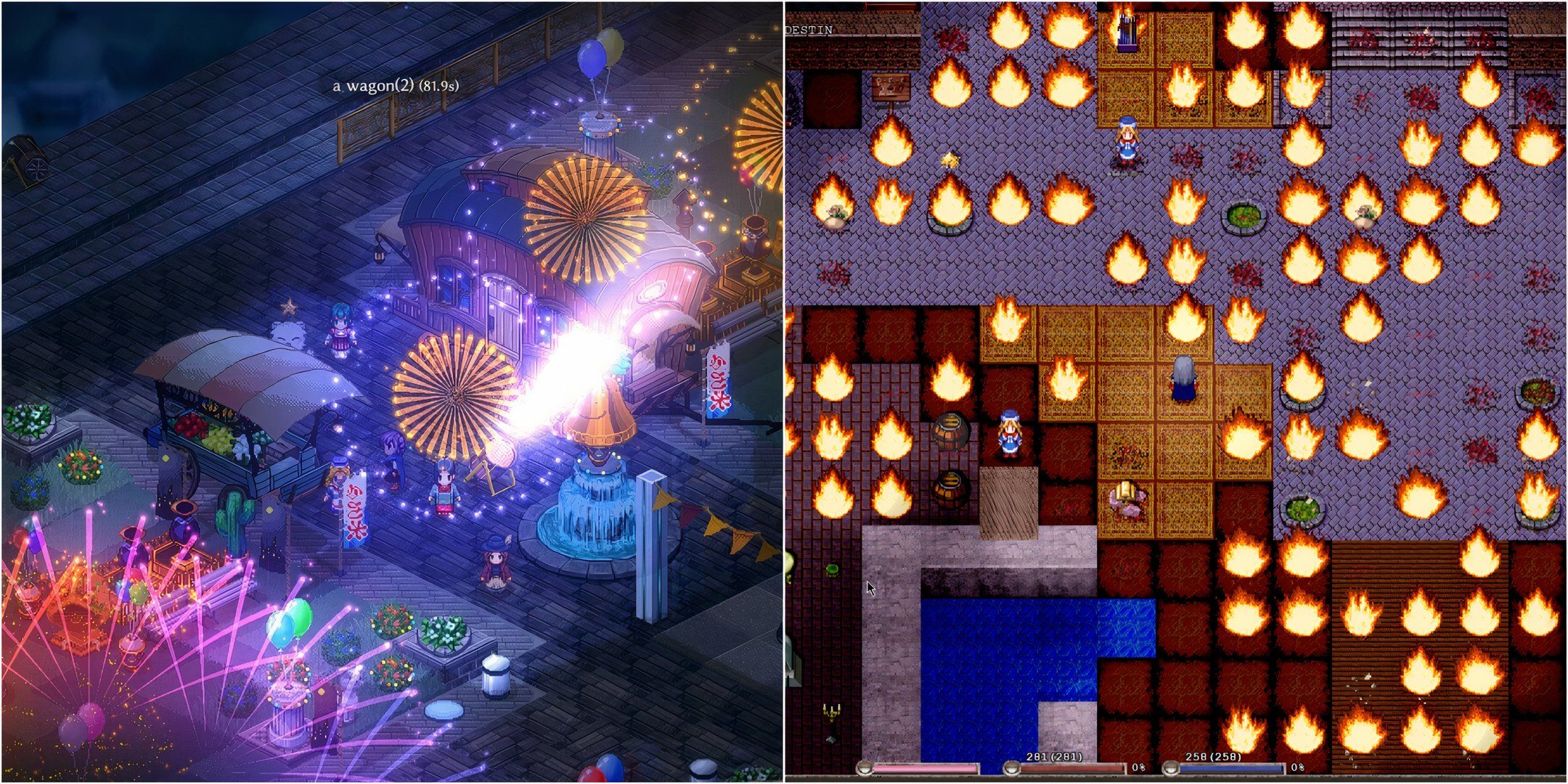 A fireworks festival in Elin on the left, a fire burning down a settlement town in Elona on the right.