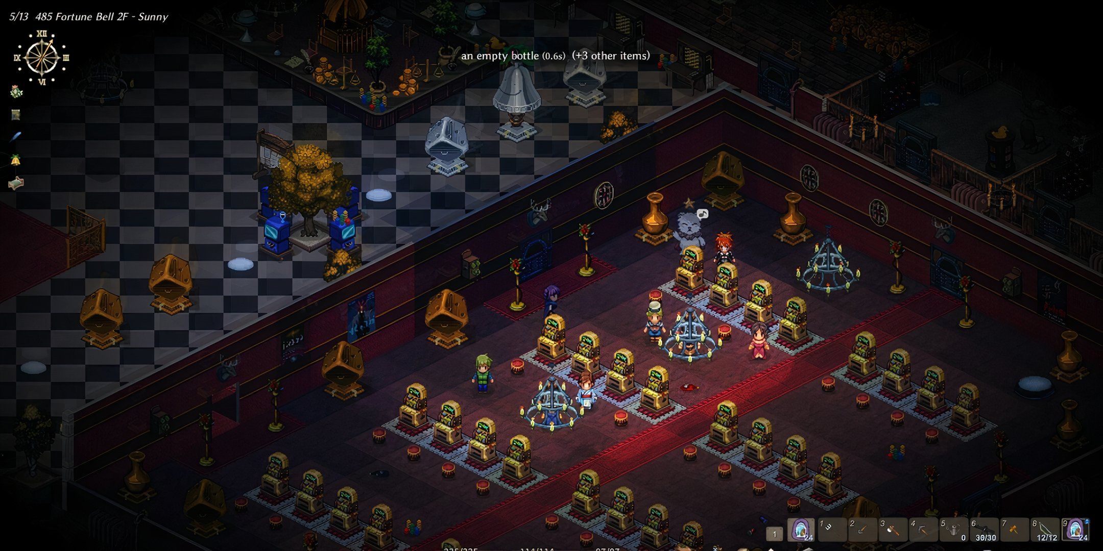 A dimly lit gambling hall with red carpet and rows of golden slot machines and NPCs playing them.