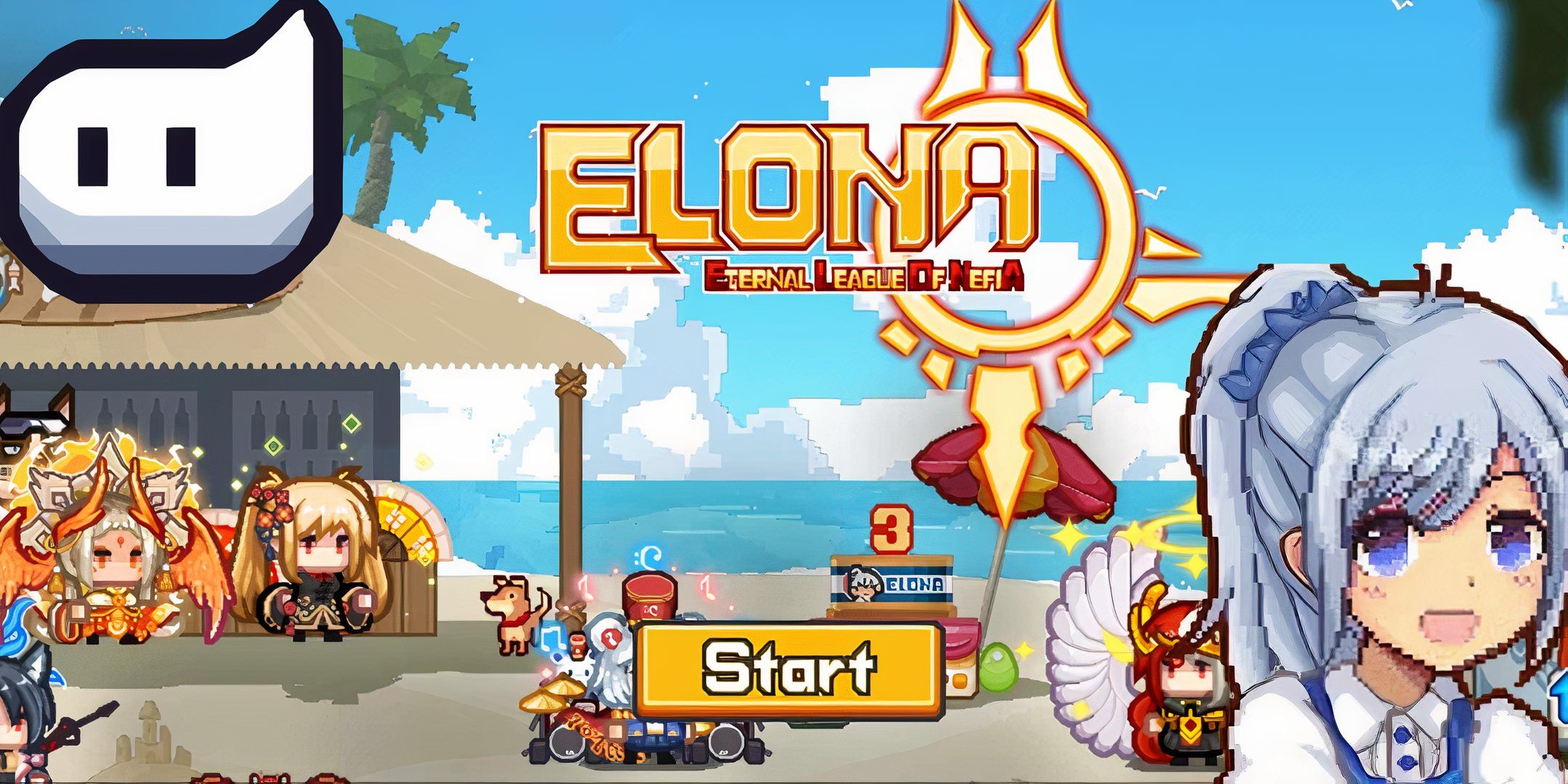 The mascot of Elona plus on the top left, and the mascot for Elona Mobile on the bottom right. The title is in the middle of the picture with gold lettering