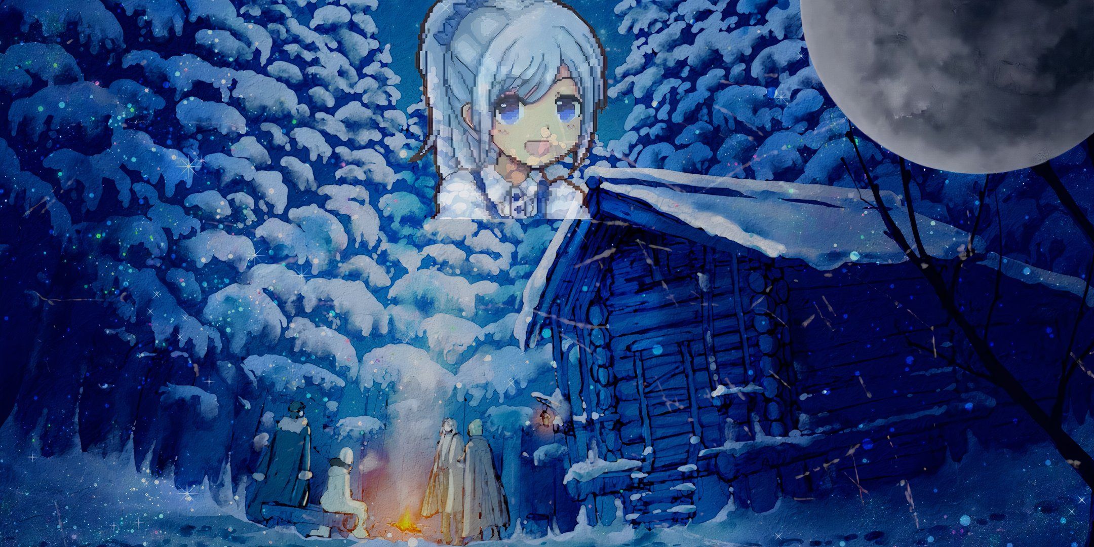 The moon from elona sits in the upper right of the Elin artwork, and the mascot from Elona plus acts as the light shining down on the showy background of Elin.