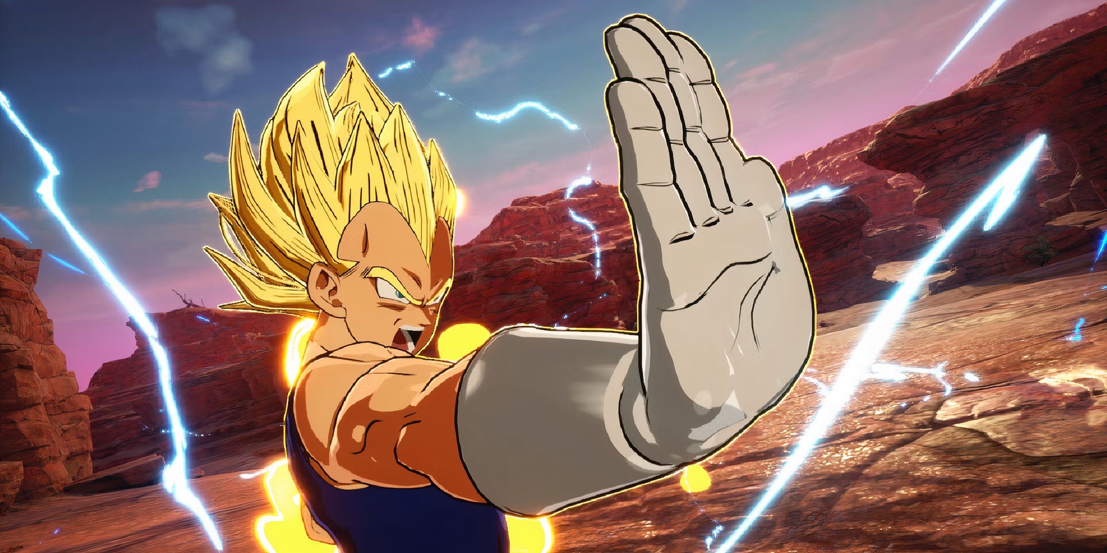 Vegeta aggressively prepares to shoot a blast from his hand in Dragon Ball: Sparking Zero.