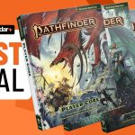 Pathfinder remastered core rulebooks beside a 'best deal badge,' all against an orange background