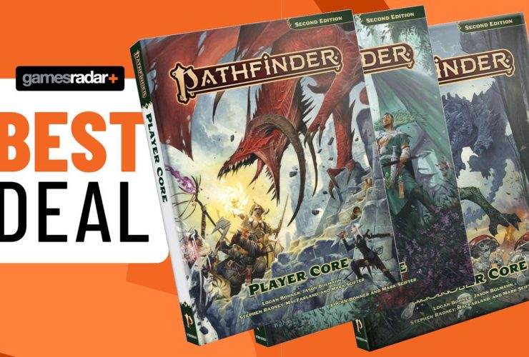 Pathfinder remastered core rulebooks beside a 'best deal badge,' all against an orange background