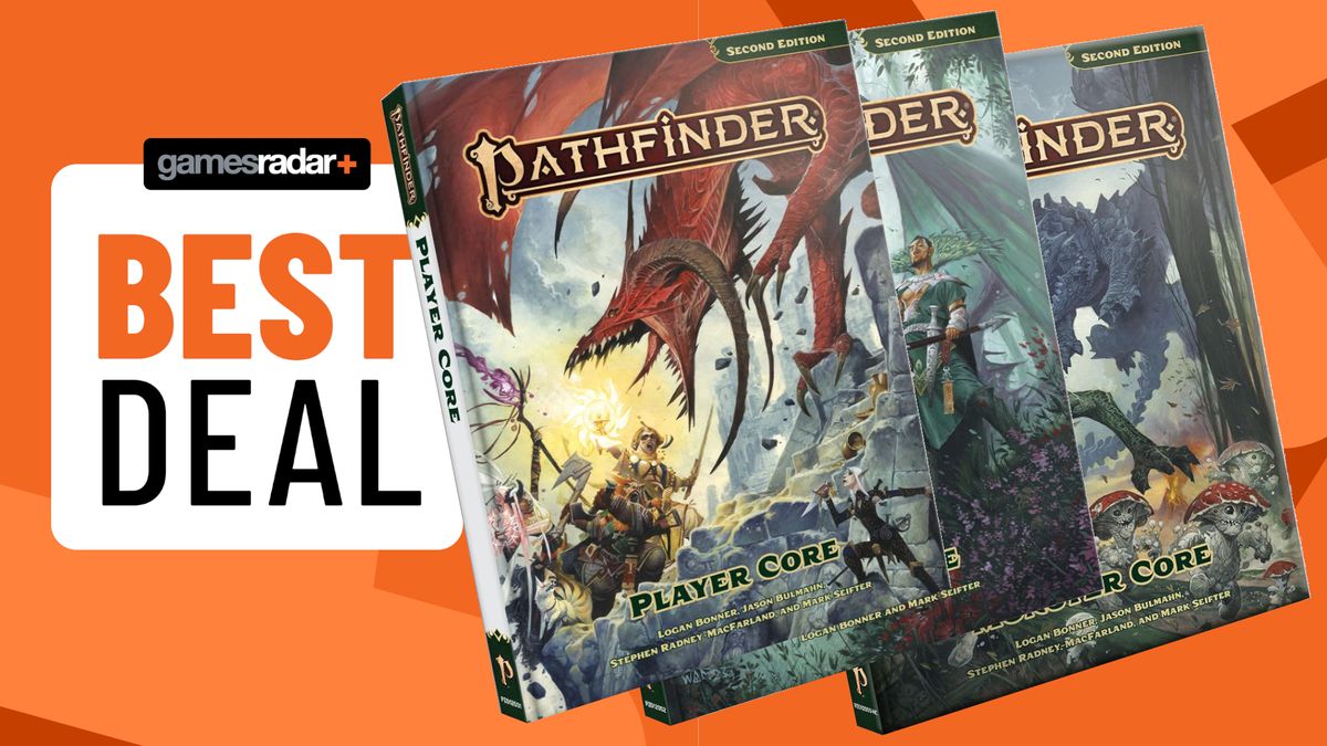 Pathfinder remastered core rulebooks beside a 'best deal badge,' all against an orange background