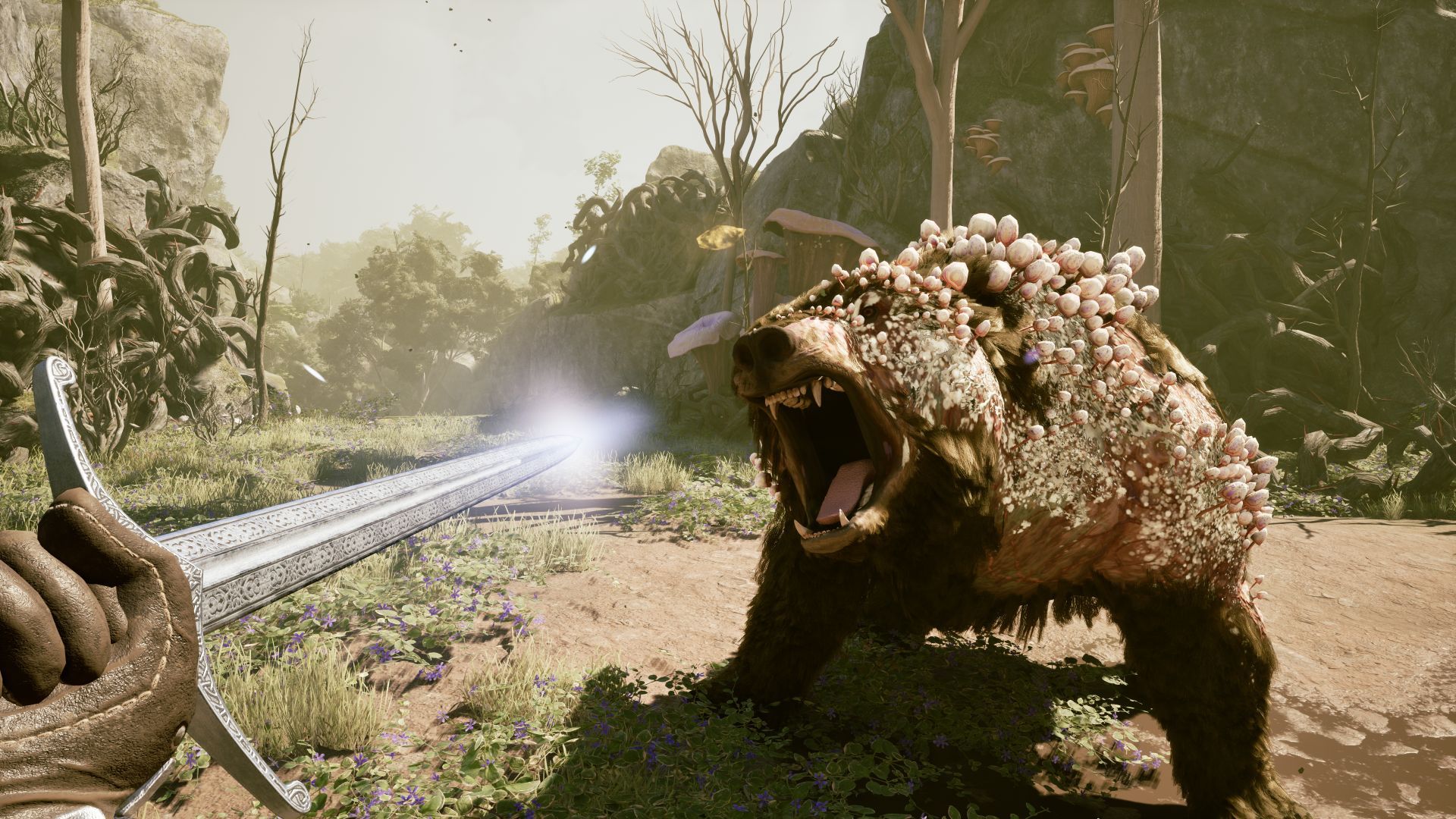 An in-game screenshot of the player character facing off against a bear in Avowed