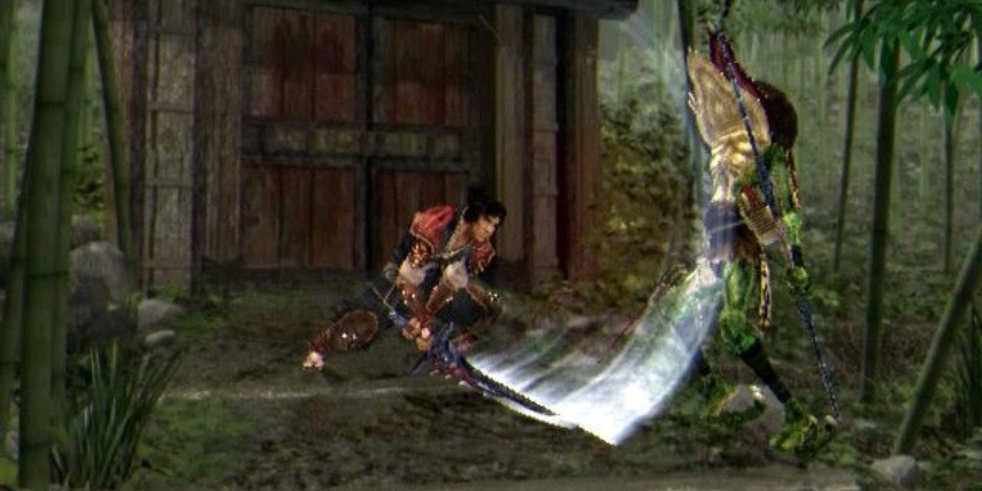 Jubei Yagyu fighting an enemy in a bamboo forest.