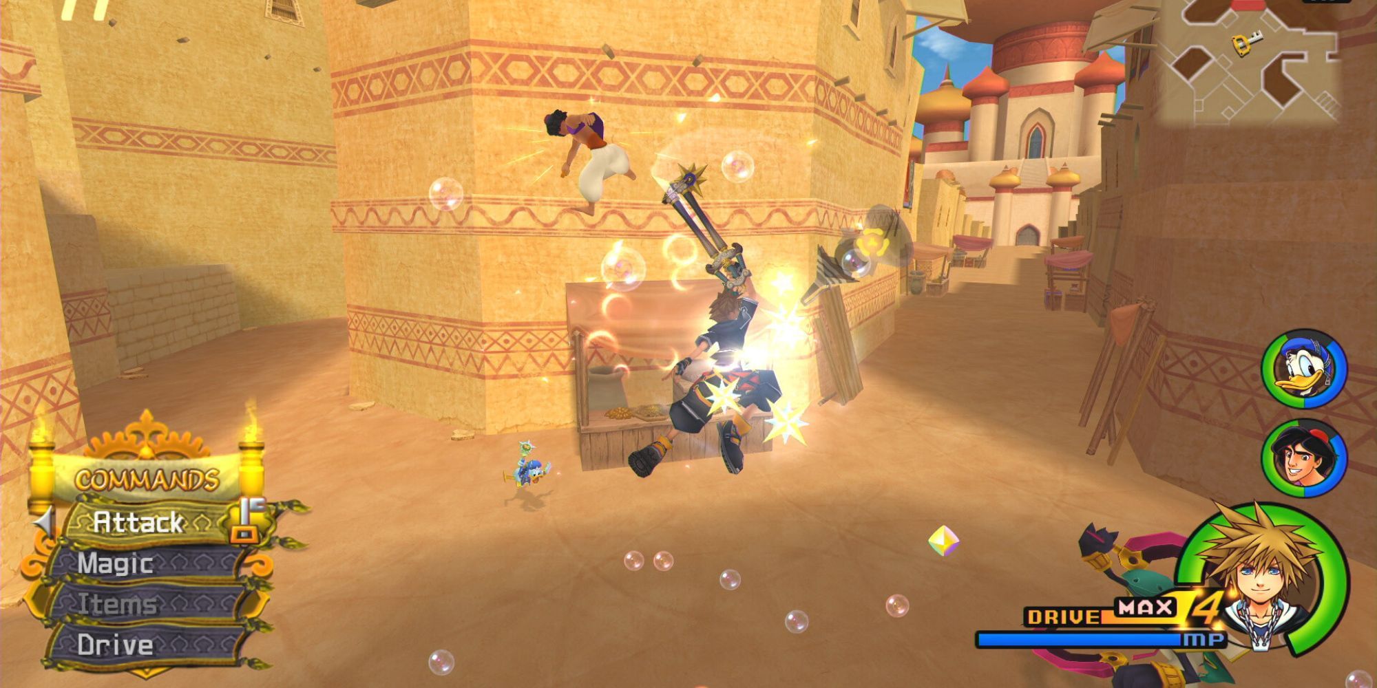 Sora, Aladdin and Donald slaying some Heartless in Agrabah.