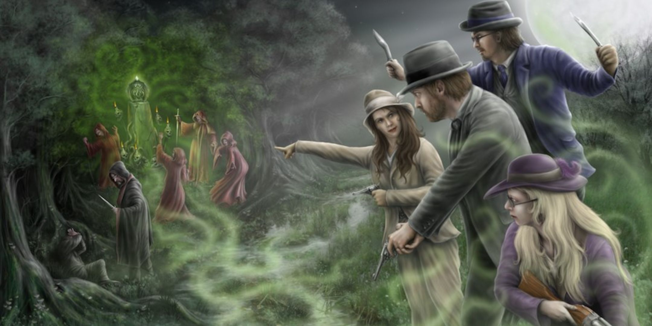 Call of Cthulhu art of investogators looking at cult ritual with greenish mist eminating from it.