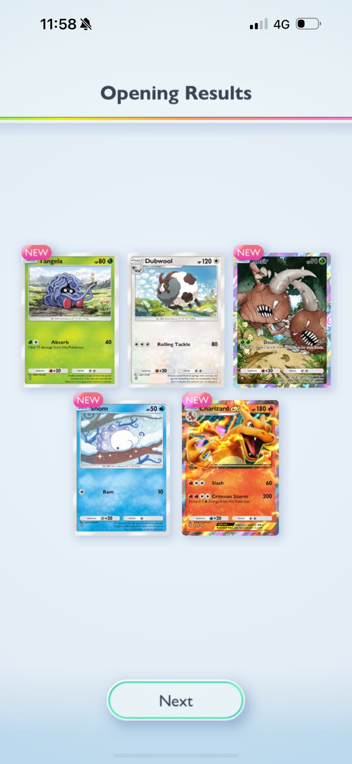 A mobile screenshot of the opening results screen in Pokemon TCG Pocket.