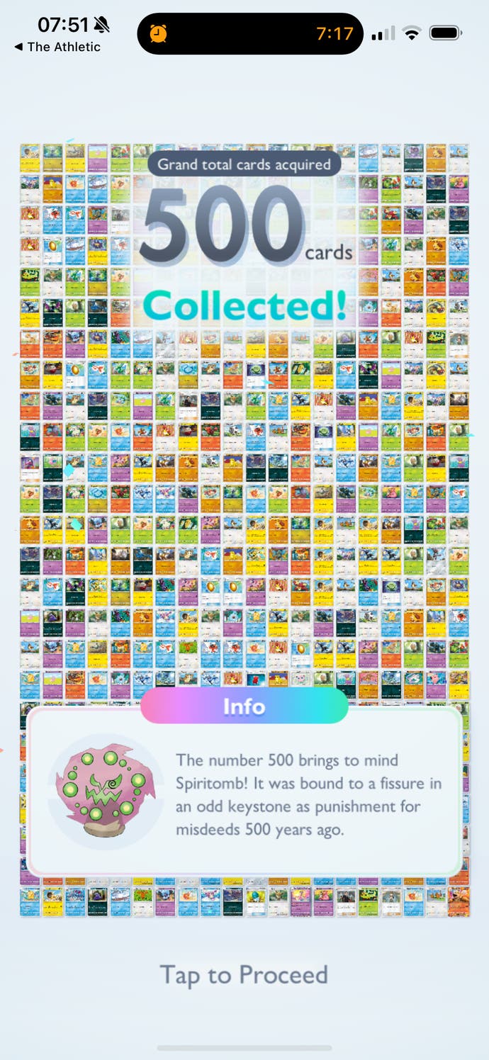 A mobile screenshot of the card dex screen with 500 cards collected in Pokemon TCG Pocket.