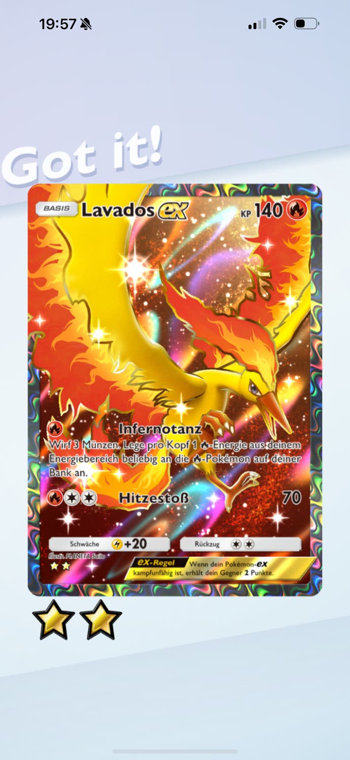 A mobile screenshot of the Moltres EX card in Pokemon TCG Pocket.