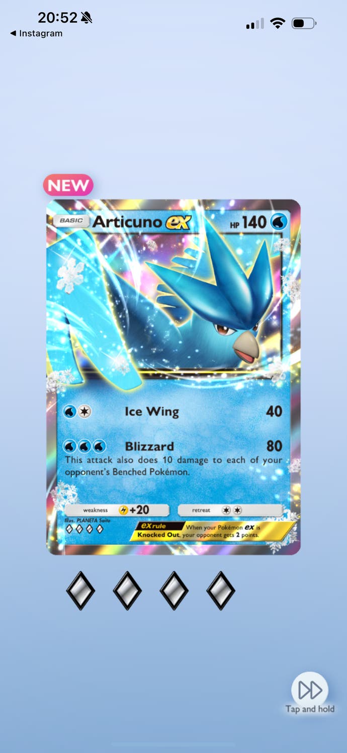 A mobile screenshot of an Articuno EX card in Pokemon TCG Pocket.