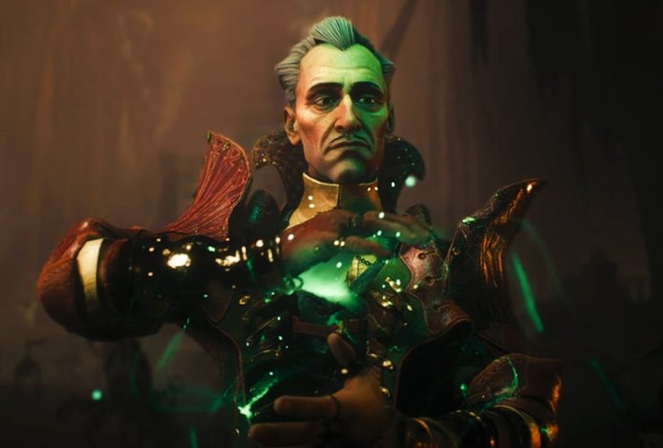 Dragon Age: The Veilguard screenshot showing Emmrich, a necromancer man with short greying hair and green magic