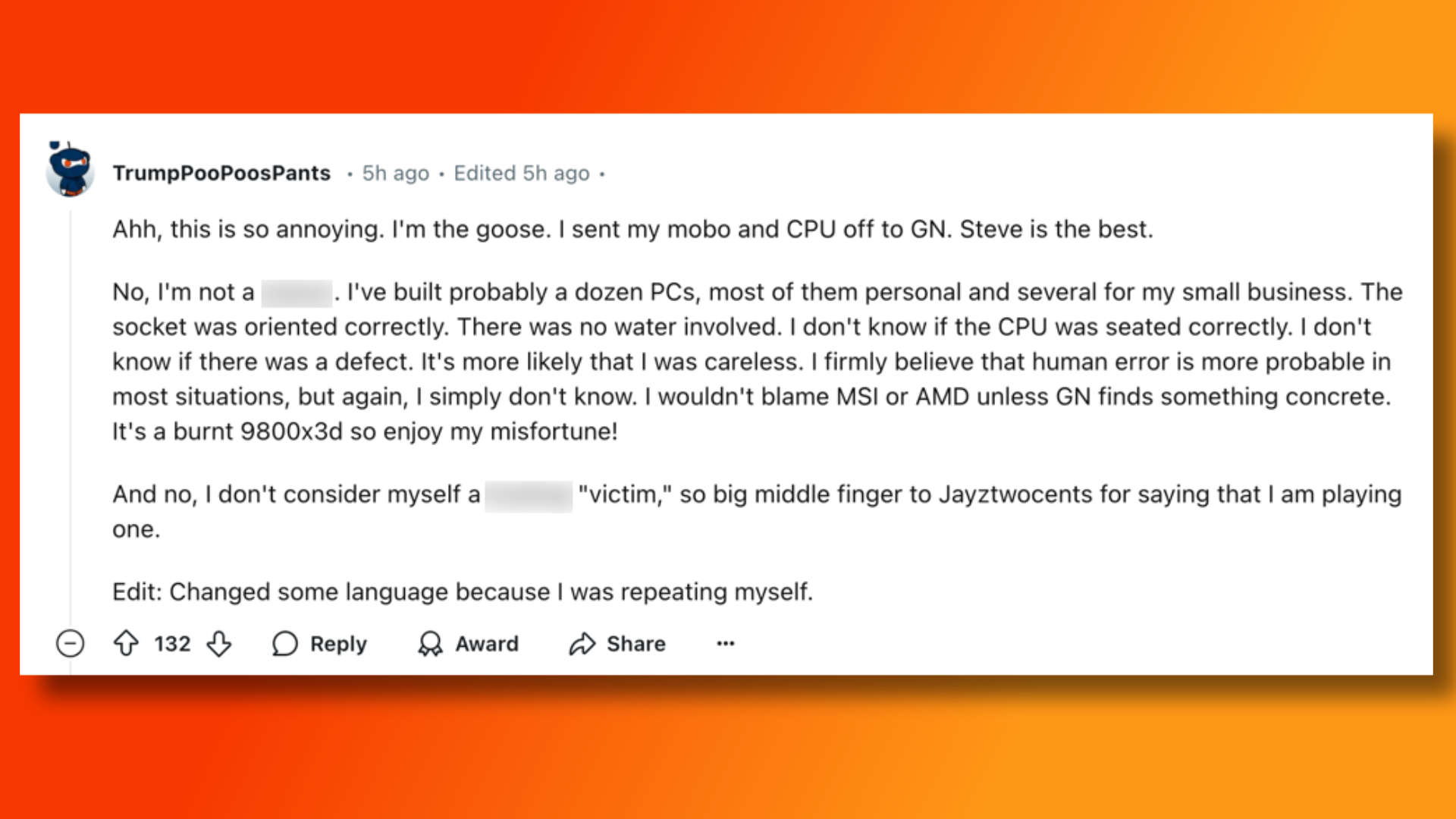 A Reddit comment updating users on the status of the burned out 9800X3D