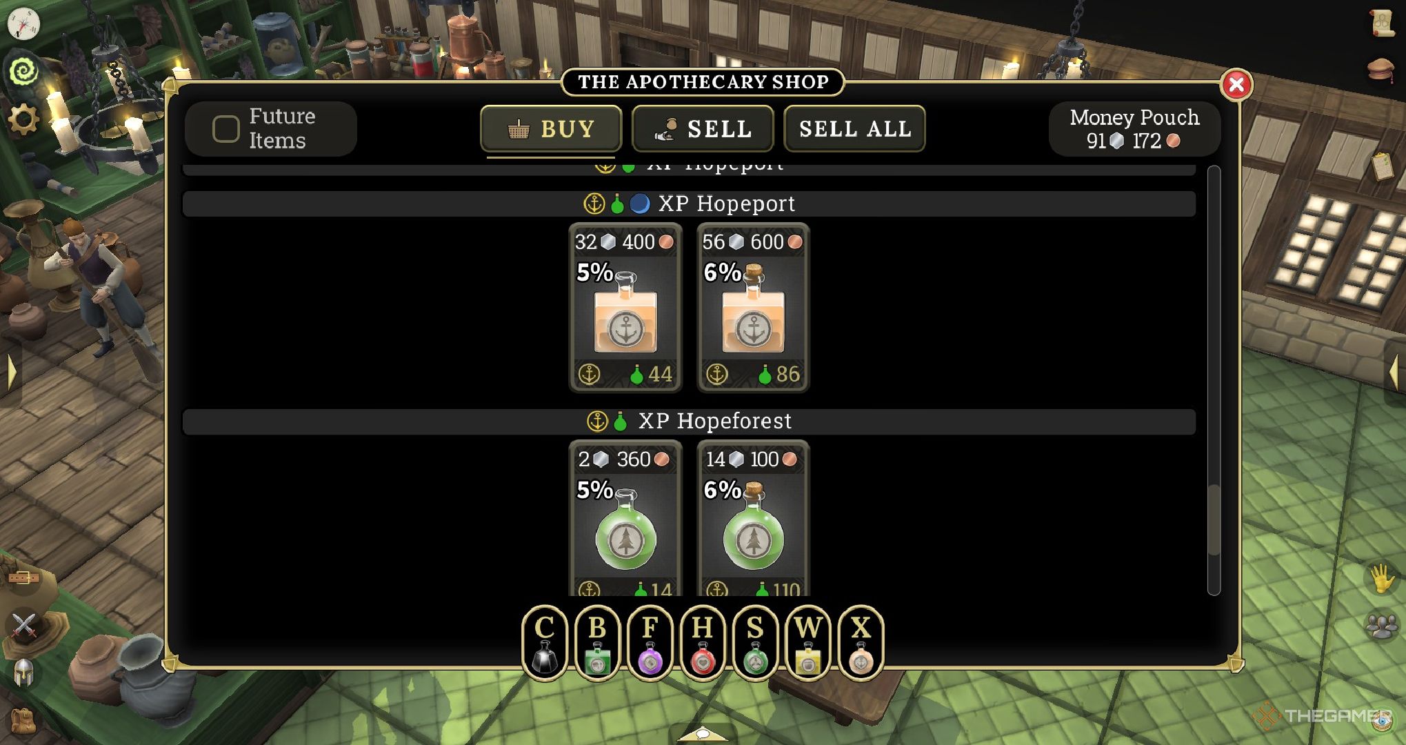 A player looking at the Apothecary shop goods.