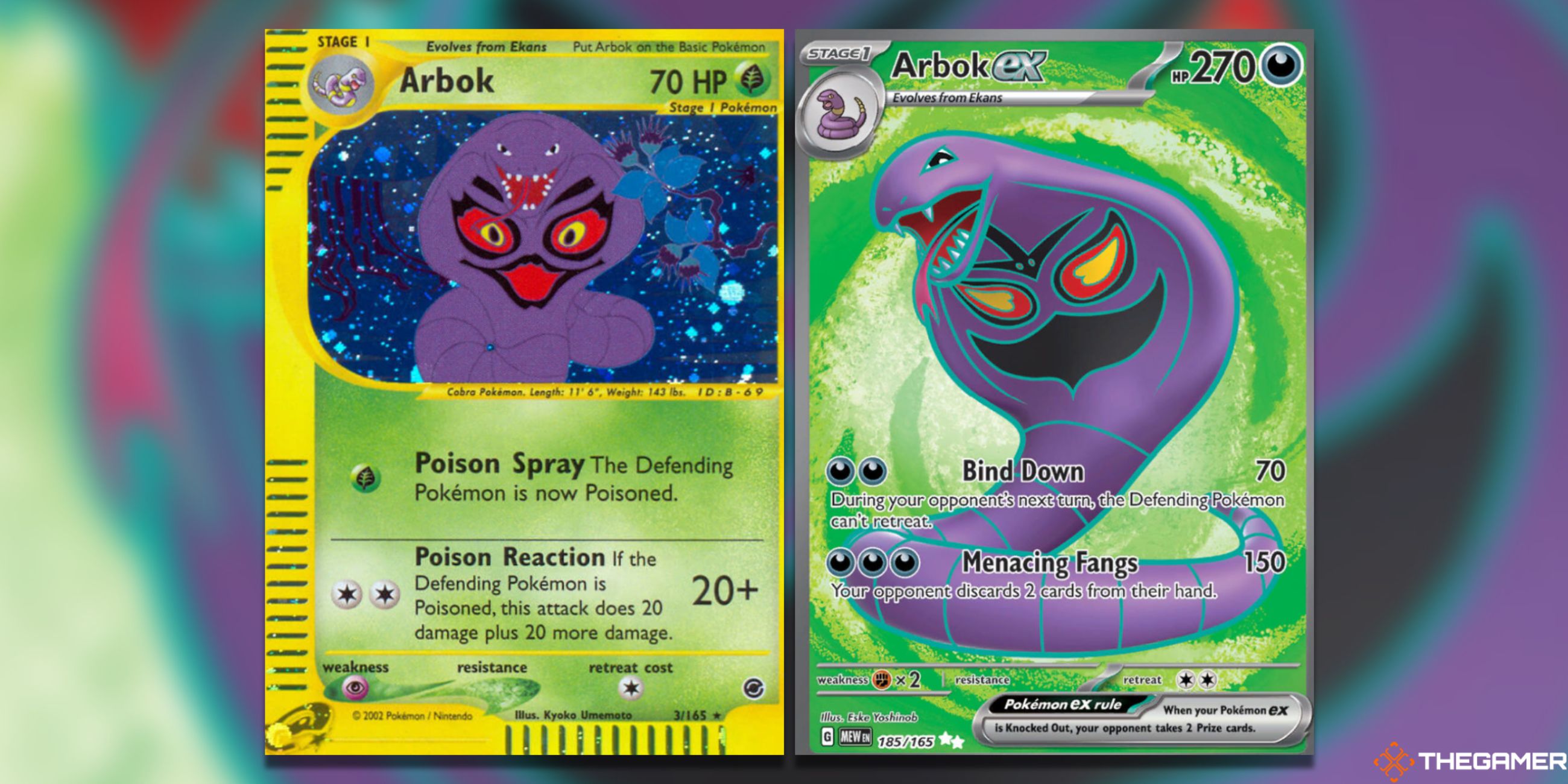 The Arbok Expedition Holo Rare and 151 Ultra Rare from the Pokemon TCG.