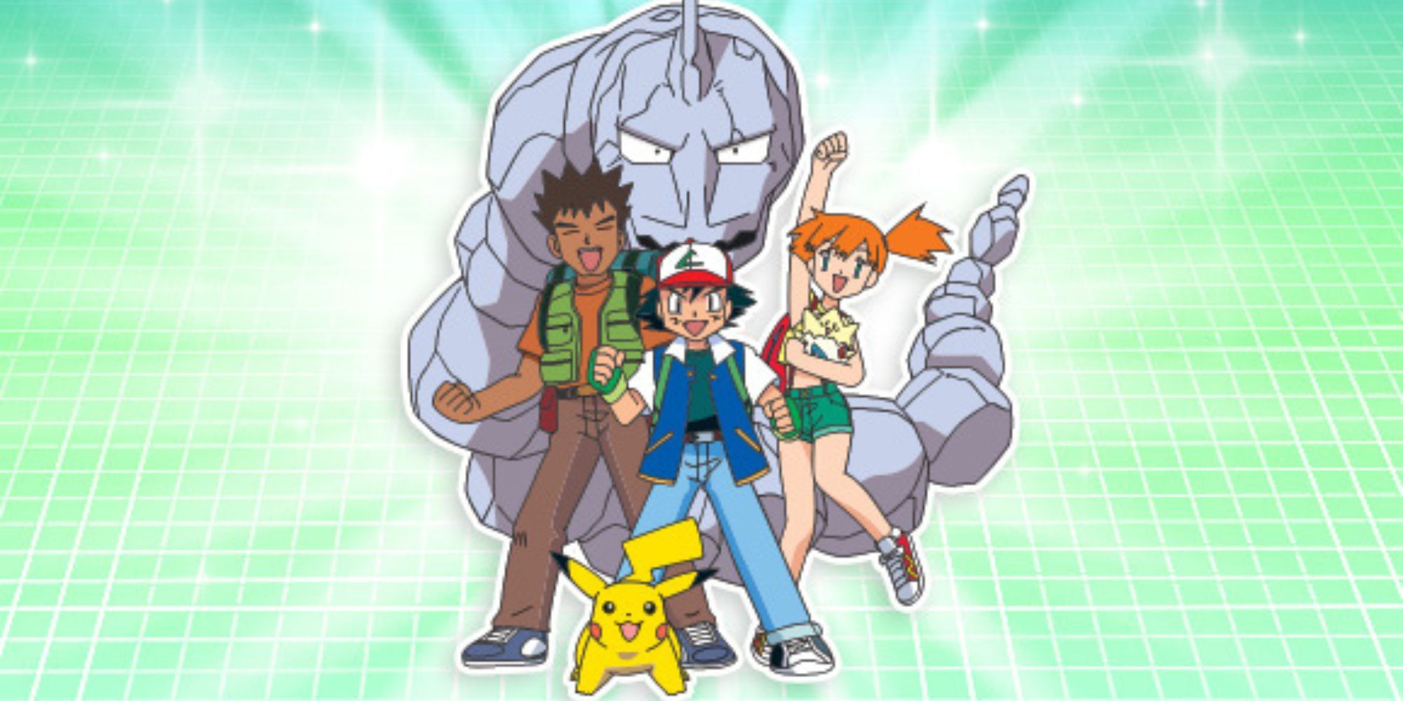 Ash, Brock, and Misty pose with Onix and Pikachu.