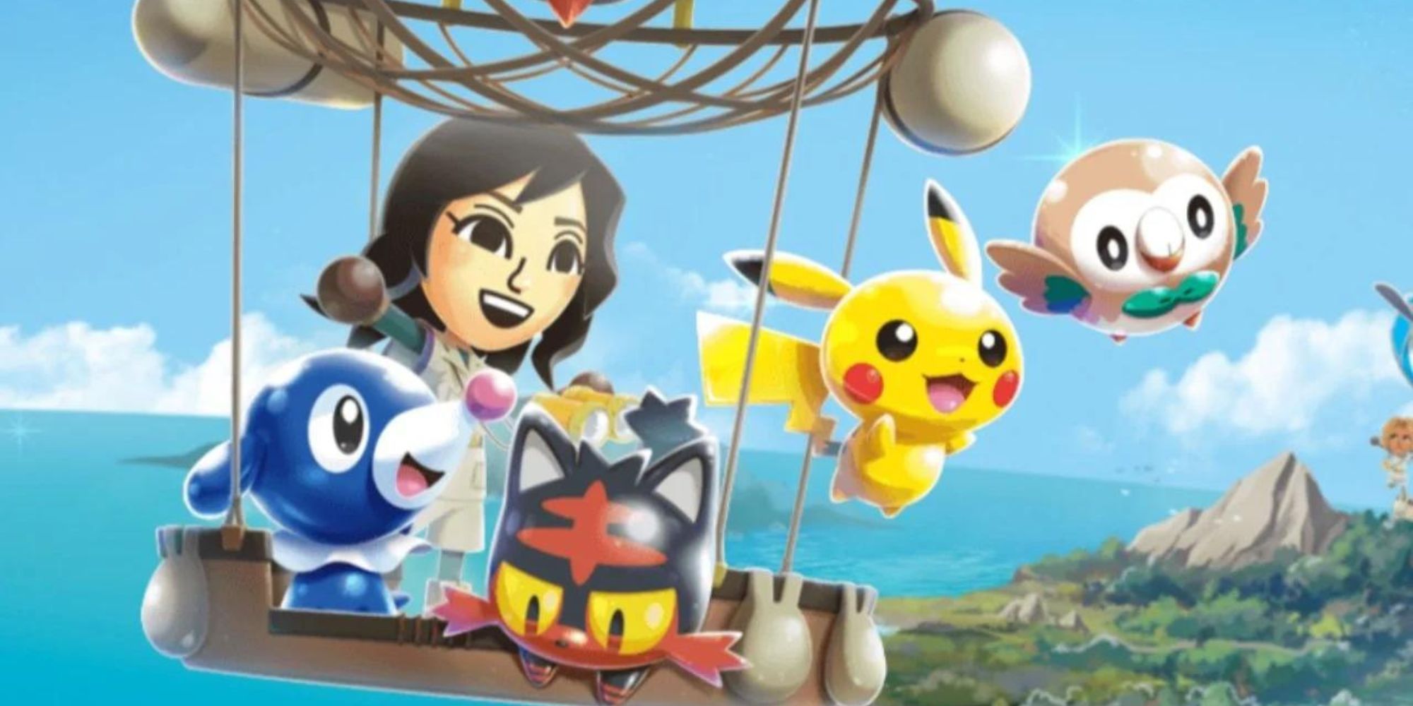 A trainer stands in a hot air balloon with Pikachu, Litten, Rowlet, and Popplio.