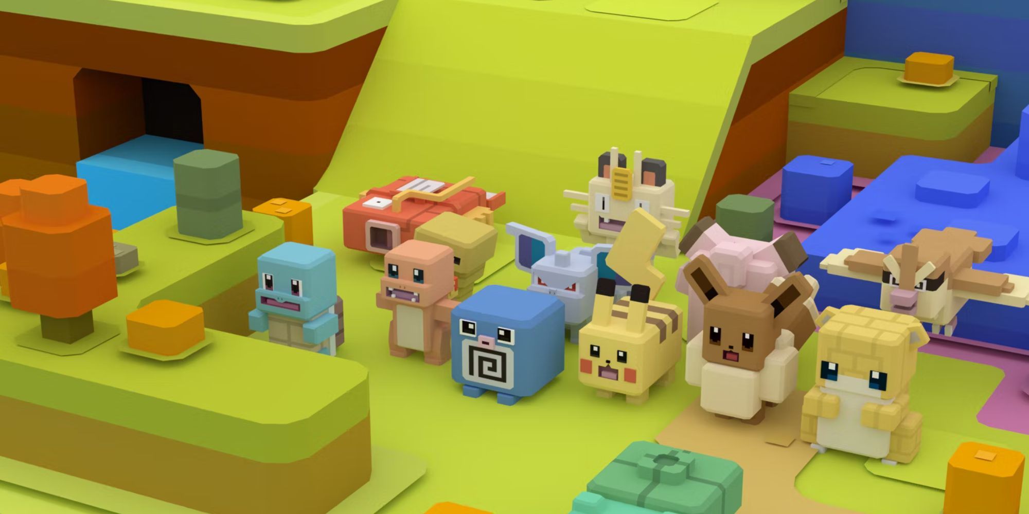 A group of cube-shaped Pokemon gather at the bottom of the hill.