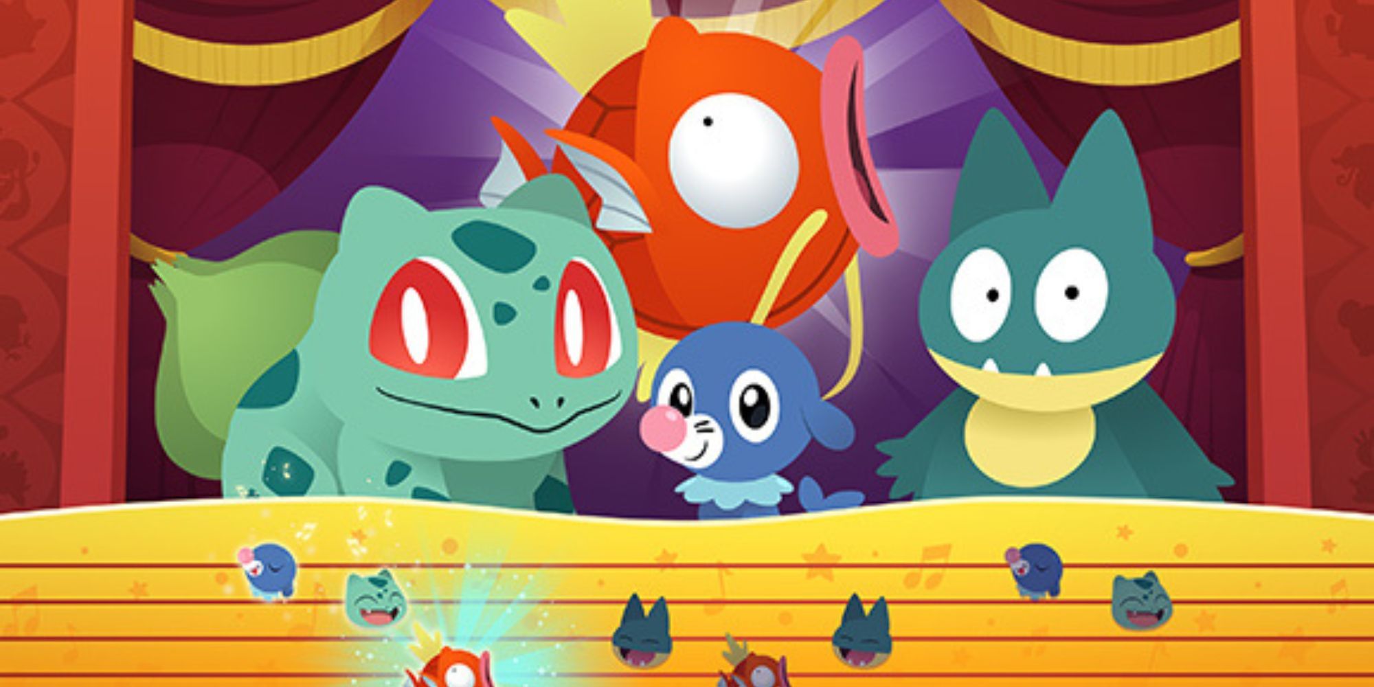 Bulbasaur, Magikarp, Munchlax, and Popplio gather over a sheet of music.