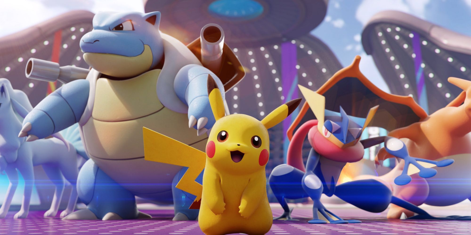 Pikachu stands beside Blastoise and Greninja in Pokemon Unite.