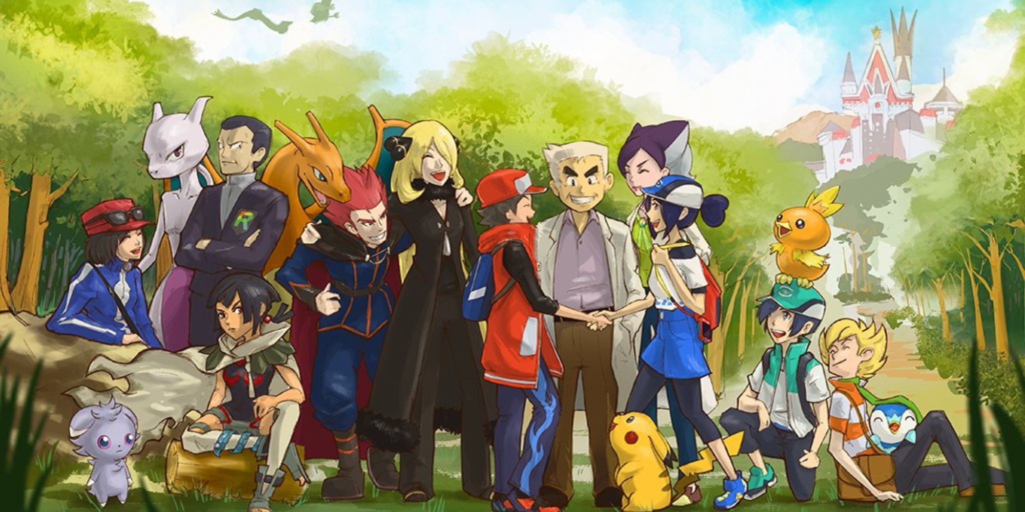 A group of Pokemon and trainers gather in a wooded area.