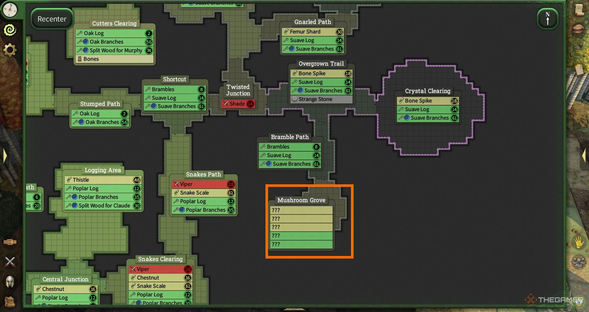 A map with the Mushroom Grove highlighted.