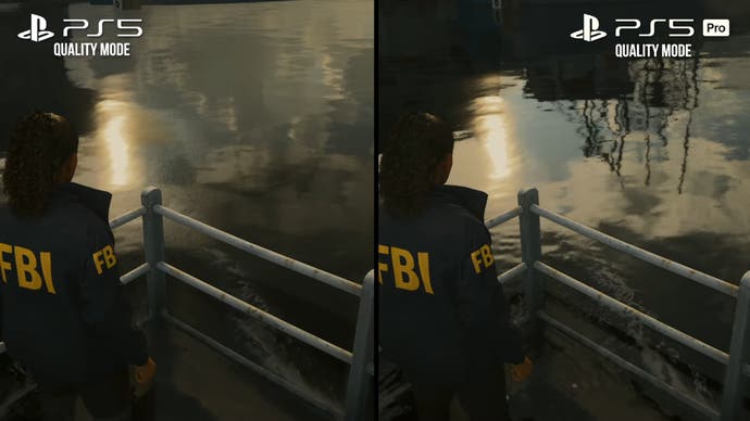 Alan Wake 2: PS5 Pro vs PS5 quality mode, showing differences in reflections - water reflections are more realistic