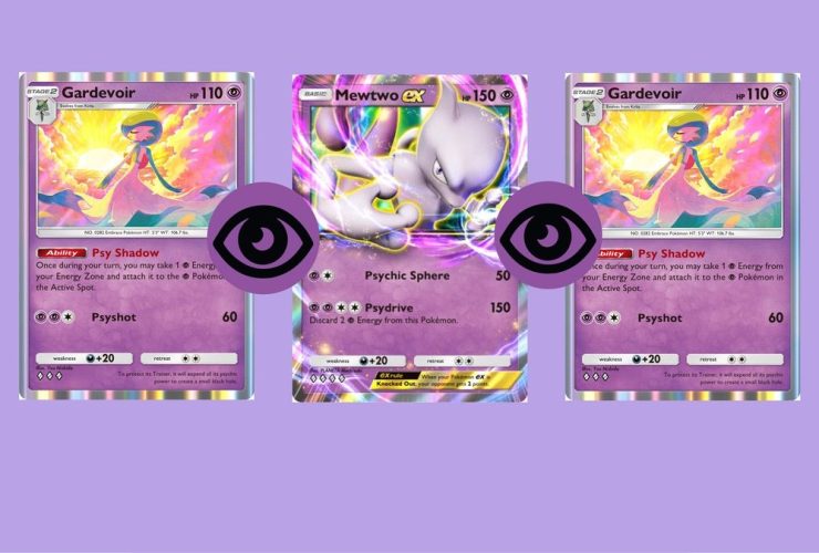 Pokemon TCG Pocket screenshot showing two Gardevoir cards framing a Mewtwo EX card