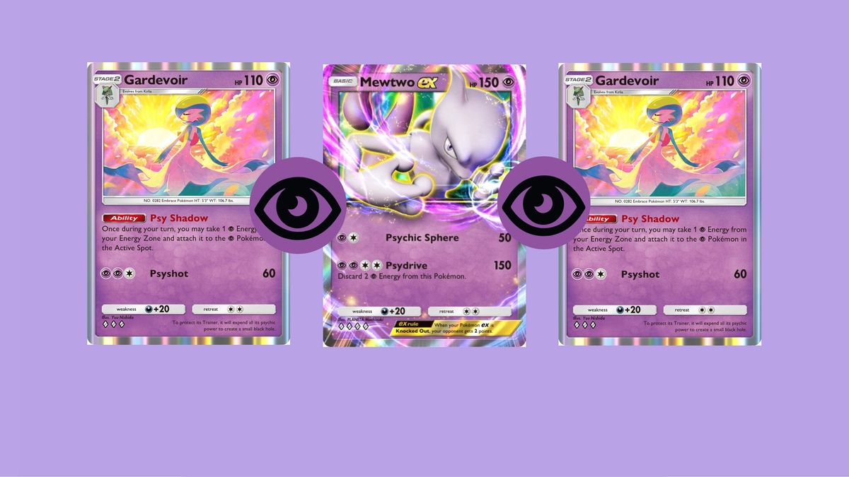 Pokemon TCG Pocket screenshot showing two Gardevoir cards framing a Mewtwo EX card