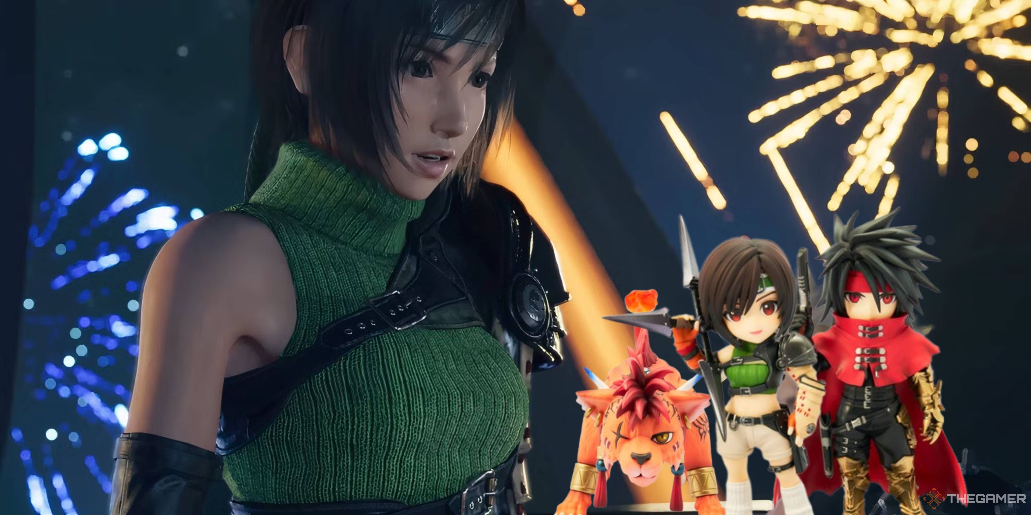 yuffie in final fantasy 7 rebirth looking at yuffie, red xiii, and vincent adorable arts figures.