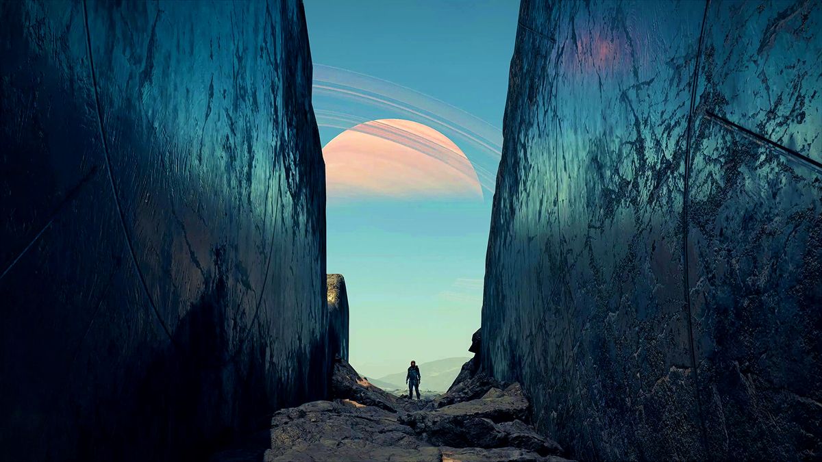 Starfield screenshot showing a distant man on an alien planet, standing between two massive obsidian-like walls with a ringed world visible in the distance