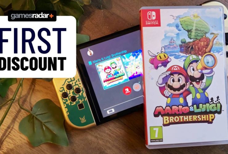 Image of box for Mario &amp; Luigi: Brothership for the Switch sitting on top of an OLED Switch while on a wooden table.