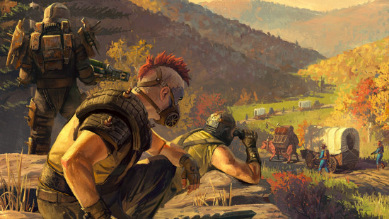 Best new MMOs: Key art of the Fallout 76 season Milepost Zero, showing raiders looking towards a caravan of Vault Dwellers.