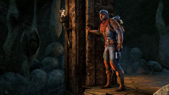 Best new MMOs: An adventurer in leather armor leans against a pillar as he enters a dungeon in Elder Scrolls Online.