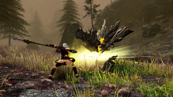 A woman fights a wooden creature in the new Janthir Wilds DLC for Guild Wars 2, one of the best new MMOs.