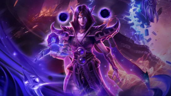 Best new MMOs: A female wizard bathed in purple light wields powerful purple orbs of magic.