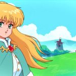 Fields of Mistria trailer screenshot showing an anime-style girl with long blonde hair and blue eyes, a grassy field and windmill behind her