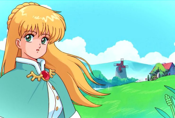 Fields of Mistria trailer screenshot showing an anime-style girl with long blonde hair and blue eyes, a grassy field and windmill behind her