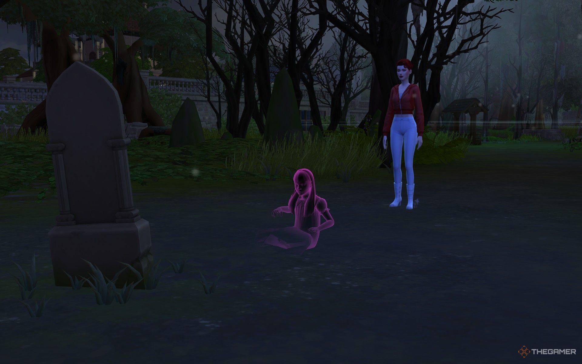 Edith sitting near her grave at the Well in The Sims 4 Life and Death.