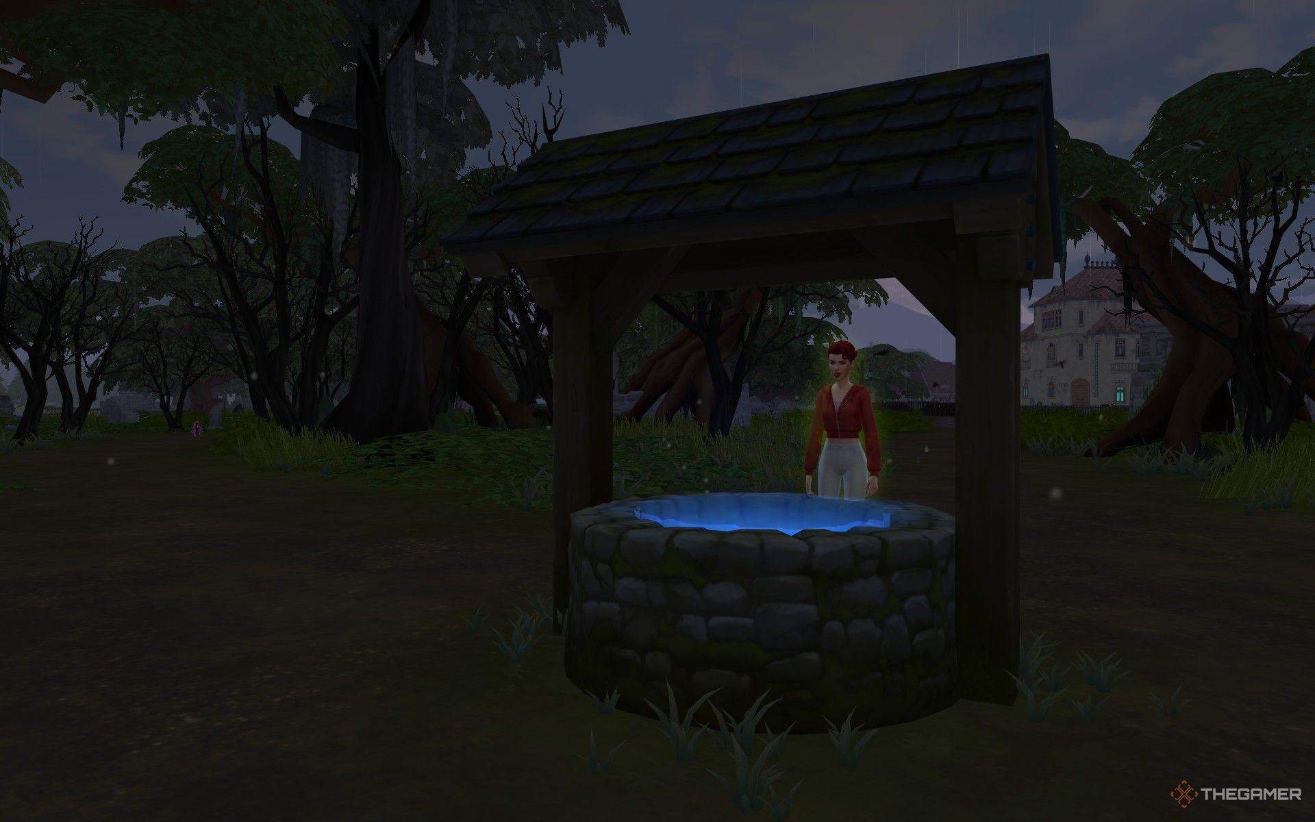 A Sim with the Mark of Edith making a wish at the Well of Longing and Regret in The Sims 4-1